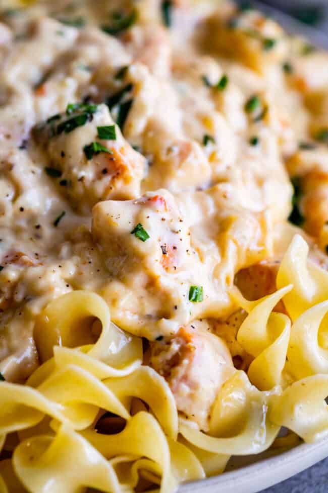 chicken stroganoff over egg noodles.