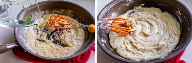 whisking ingredients for a basic white sauce in a skillet.