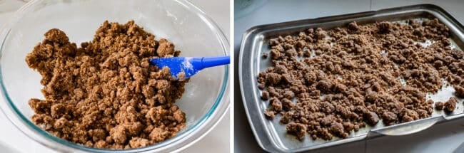 Mixing together streusel, adding it to batter in a pan. 