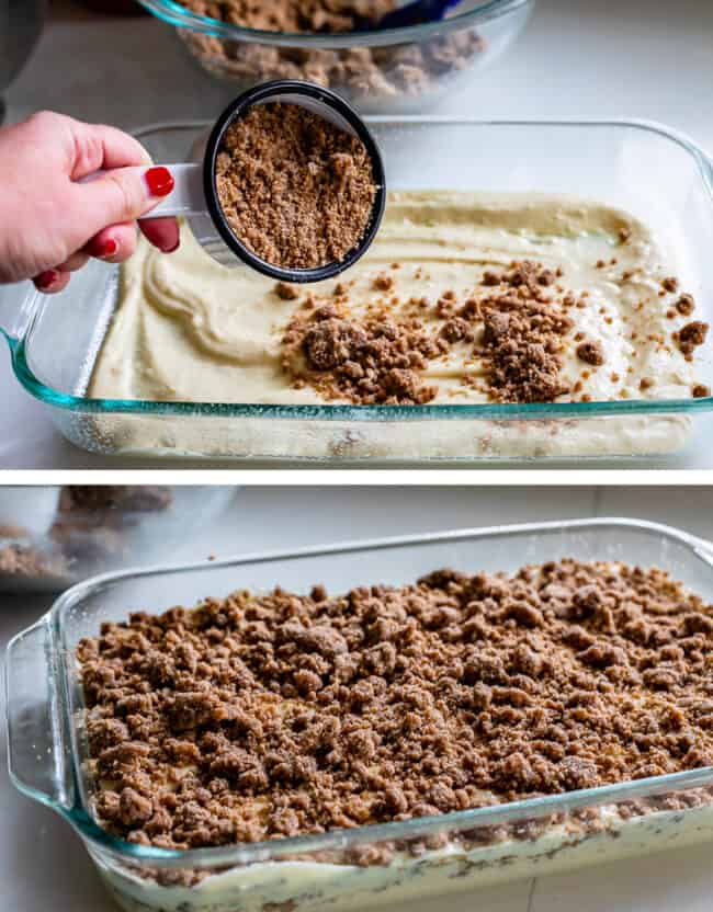 Streusel falling from measuring cup onto coffee cake batter, coffee cake ready to bake in a pan. 