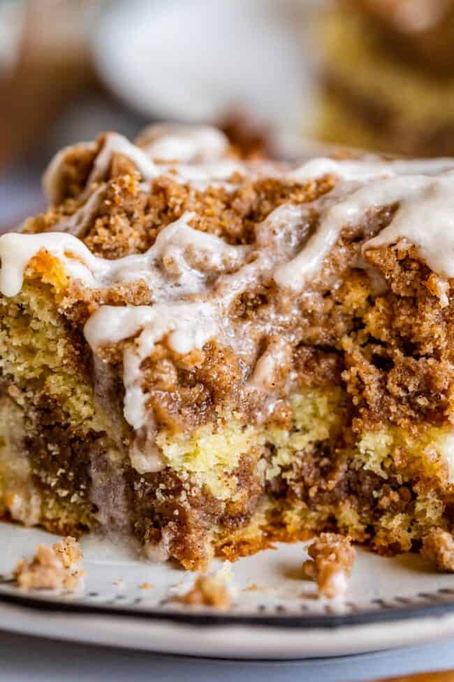 Close up of slice of cinnamon streusel coffee cake.