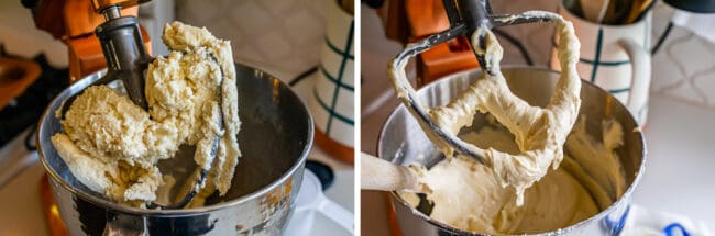 bowl of dough with hook being scraped by spatula