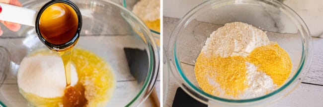 pouring honey into wet ingredients in a bowl, dry ingredients in a bowl