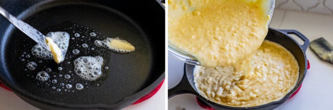 melting butter in a hot cast iron skillet, adding cornbread batter to skillet.