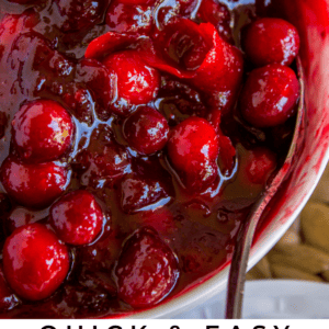 Close-up of a bowl filled with thick, glossy cranberry sauce and whole cranberries, with a spoon inside. Text at the bottom reads Quick & Easy Cranberry Sauce Thanksgiving Favorite The Food Charlatan.