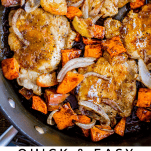A skillet with browned pork chops, roasted sweet potatoes, apples, and sliced onions covered in sauce. Text reads: Quick & Easy Pork Chops with Apples. The Food Charlatan.