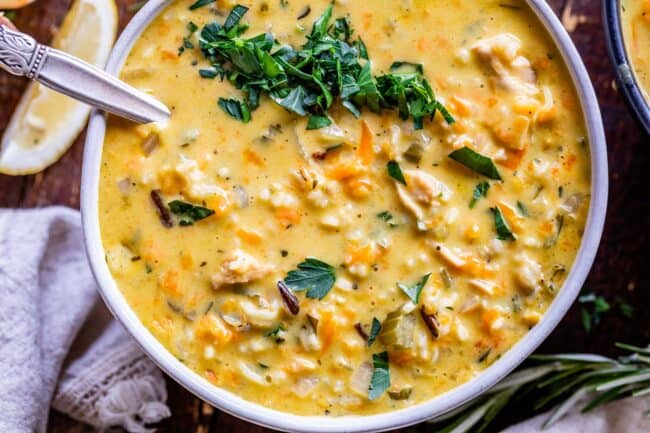 turkey and wild rice soup in a bowl