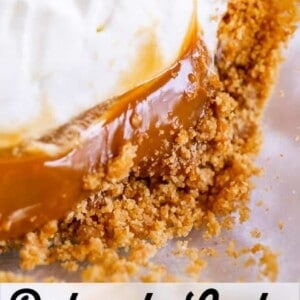 Close-up of a slice of dulce de leche pie with a thick graham and pecan crumble crust, creamy dulce de leche layer, and whipped cream topping. Text reads: Dulce de Leche Pie with Pecan-Graham Crumble.