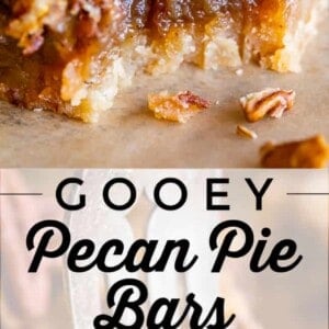 Close-up of gooey pecan pie bars topped with pecans and toffee pieces, featuring a thick, caramelized filling and a buttery crust. The text overlay reads Gooey Pecan Pie Bars With Toffee.