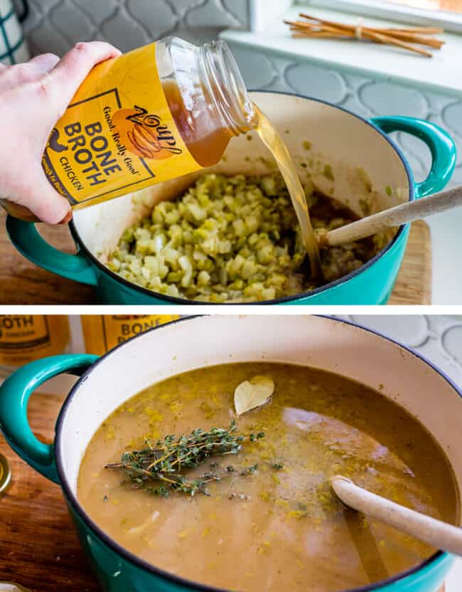 creamy turkey wild rice soup recipe showing bone broth being poured into a blue crockpot