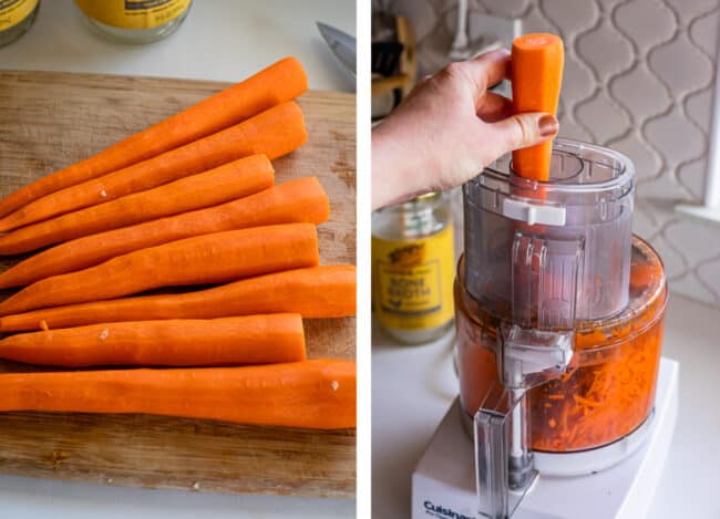 turkey wild rice soup recipe showing a pile of peeled carrots and a carrot being shredded by a food processor