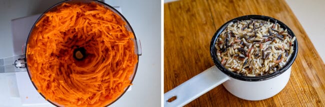 leftover turkey soup recipe showing peeled carrots and wild rice in a measuring cup