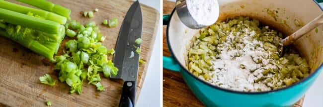 how to make turkey and wild rice soup showing chopped celery and sauteed celery in a pot