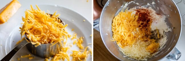 shredded cheddar cheese in a measuring cup, mixing cheeses together for jalapeno poppers.