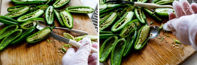 removing membrane and seeds from jalapenos while wearing gloves.