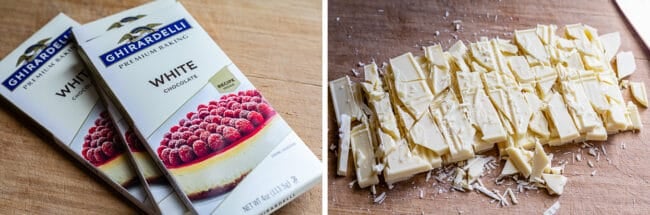 high quality white chocolate bars, white chocolate bars chopped on a wooden cutting board.