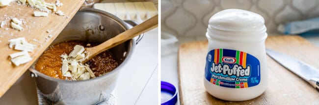 stirring white chocolate into a pot of fudge ingredients, an open and warmed jar of marshmallow creme.