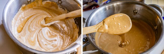 stirring marshmallow creme into penuche fudge, warm fudge drizzling off a wooden spoon.