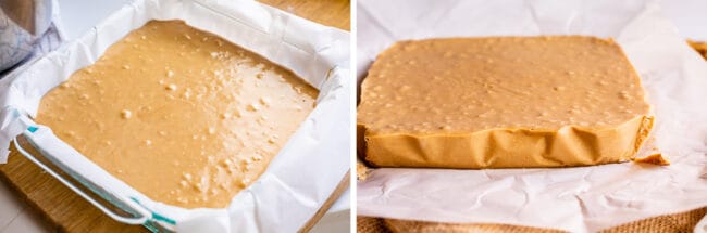 penuche fudge setting up in a pan; penuche fudge after it has fully set up.