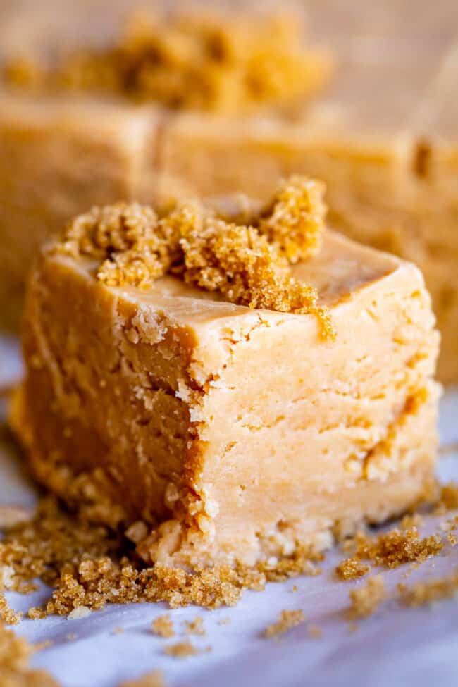 a piece of penuche fudge topped with  brown sugar.