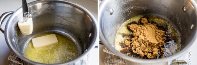 melting butter in a pot, adding brown sugar to butter.