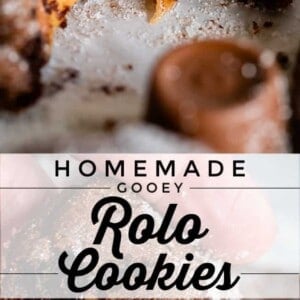 Close-up of gooey rolo cookies with caramel filling, dusted with powdered sugar. Some are broken open, revealing melted caramel stretching out. Text reads: Homemade Gooey Rolo Cookies.
