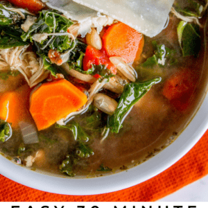 a bowl of chicken, kale, and white bean soup with parmesan shavings.