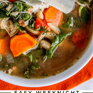 A bowl of chicken and white bean soup with kale, carrot slices, and parmesan shavings. Text below reads: Easy Weeknight Chicken and White Bean Soup with Kale & Parmesan Shavings. The Food Charlatan. Perfect for a cozy dinner.