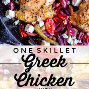 A skillet filled with Greek chicken, cherry tomatoes, bell peppers, olives, and crumbled feta cheese, shown close up with a text overlay reading “One Skillet Greek Chicken with Veggies & Couscous.”.