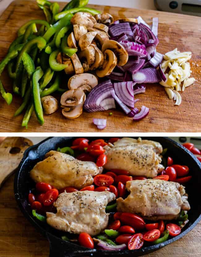 Chopped veggies and chicken in pan