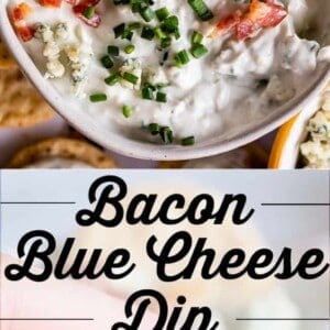 A bowl of creamy blue cheese dip topped with crumbled bacon, blue cheese, and chives is surrounded by apple slices and crackers. A hand holds a cracker with dip in the foreground. Text reads: Bacon Blue Cheese Dip.