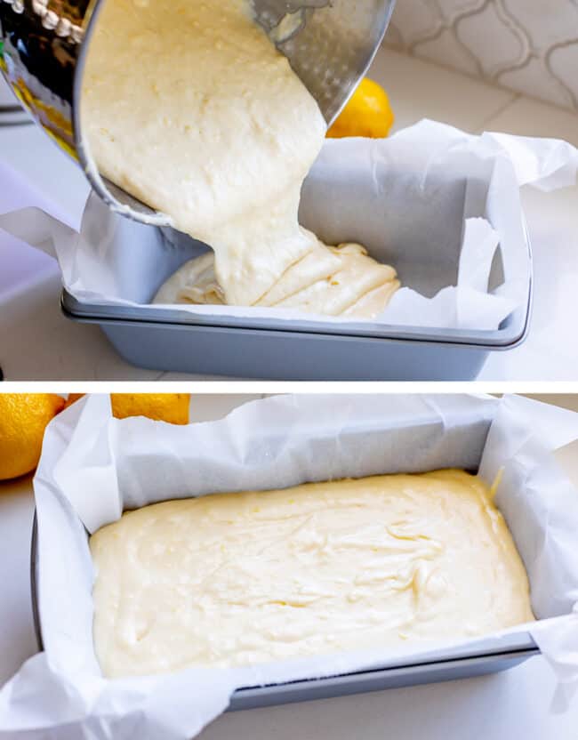 pouring lemon loaf batter into a loaf pan lined with parchment paper.