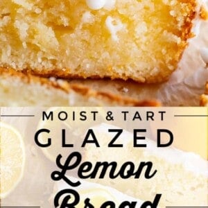 Close-up of moist glazed lemon bread, sliced and topped with white icing and lemon wedges. Text reads: Moist & Tart Glazed Lemon Bread. Bright, fresh appearance highlights this lemon bread recipe with visible slices and glaze.