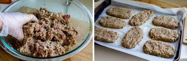 shaping gyro meat mixture into oval shaped patties for baking.