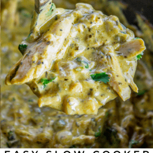 A spoon lifts creamy coconut curry chicken from a slow cooker, revealing shredded chicken in a thick yellow sauce with herbs. Text below reads: Easy Slow Cooker Coconut Curry Chicken - The Food Charlatan, featuring rich coconut flavor.