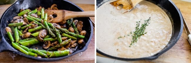 preparing mushrooms and asparagus in a pan, making creamy gravy with fresh thyme. 