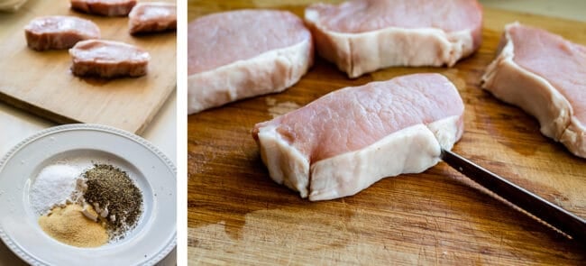 preparing seasoning and snipping the fat cap to make pan seared pork chops.