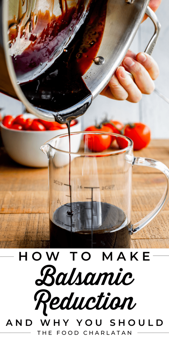 balsamic vinegar reduction being poured into a glass measuring cup.