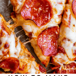 Close-up of three cheesy pepperoni pizza slices on parchment; a spoon spreads sauce on a slice. Text at the bottom reads: Cast Iron Pan Pizza – The Food Charlatan. Ideal for that gooey, crispy crust you crave.