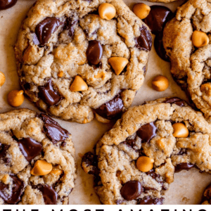 Close-up of peanut butter cookies with chocolate chips and butterscotch chips, arranged on a surface. Text reads: The Most Amazing Peanut Butter Butterscotch Cookies – The Food Charlatan. Perfect for satisfying your sweet cravings.