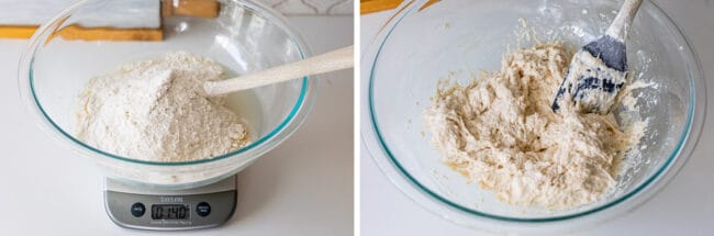 mixing dry, then wet ingredients for pan pizza crust.