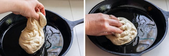 shaping pizza dough in a well oiled cast iron skillet.