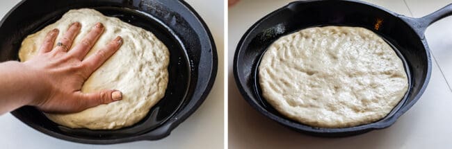 pressing pizza dough into a well oiled cast iron skillet.