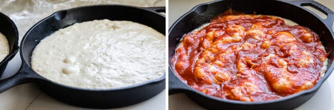 letting pizza dough rise and then spreading it with sauce.