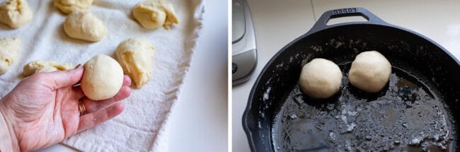 placing shaped dinner rolls in a buttered cast iron pan.