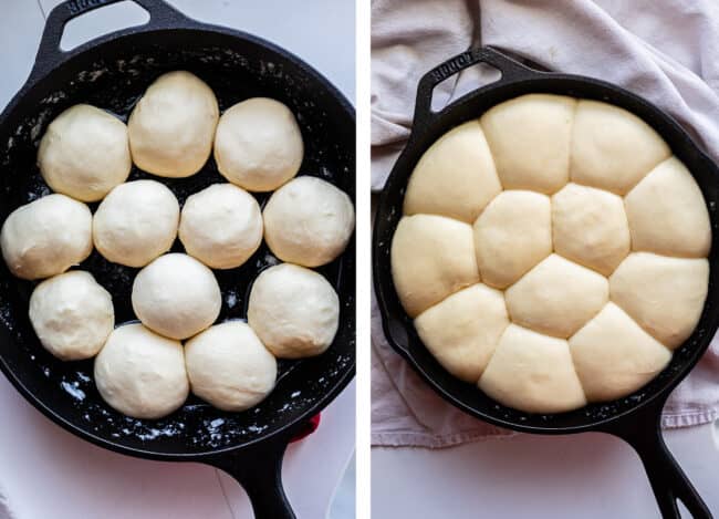 dinner rolls in a buttered cast iron pan before and after rising.