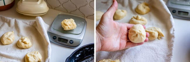 weighing and shaping dough for homemade rolls.