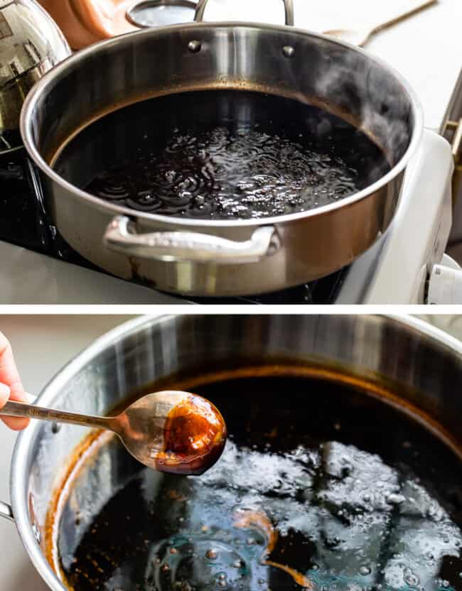 making a simmering balsamic vinegar reduction in a metal pot.