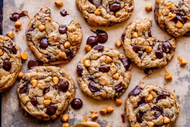 butterscotch chip and dark chocolate chip cookies made with peanut butter dough.