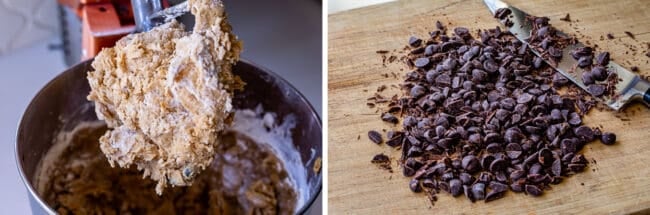 a stand mixer with peanut butter cookie dough, chopping dark chocolate chips.